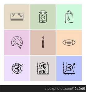 credit card , shopping bag , paint,  brush , rugby , graph , icon, vector, design,  flat,  collection, style, creative,  icons