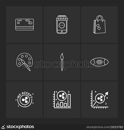credit card , shopping bag , paint, brush , rugby , graph , icon, vector, design, flat, collection, style, creative, icons