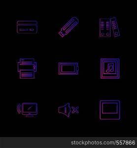 credit card ,usb, files, printer , battery , music , monitor , mute , screen , icon, vector, design, flat, collection, style, creative, icons