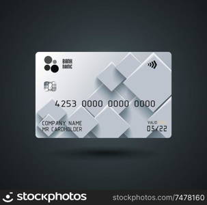 Credit card with abstract geometric shape grey transparent bricks, regtangles. Detailed abstract glossy credit card concept for business, payment history, shopping malls, web, print.