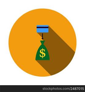 Credit Card With Arrow To Money Bag Icon. Flat Circle Stencil Design With Long Shadow. Vector Illustration.