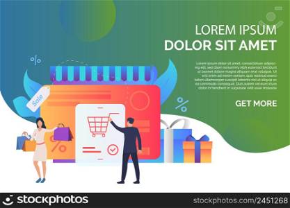 Credit card with buyers and gift boxes page vector illustration. Online shop, consumerism, retail. Shopping concept. Creative design for website templates, posters, presentations