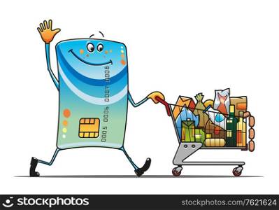 Credit card with shopping cart and food in cartoon style