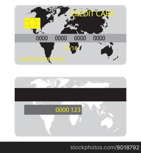 Credit card with silhouette world map. Credit card ico for shopping with money, vector illustration. Credit card with silhouette world map