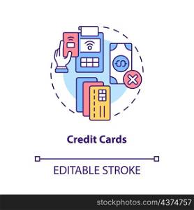 Credit cards concept icon. E wallets and payment online. Touchless system abstract idea thin line illustration. Isolated outline drawing. Editable stroke. Roboto-Medium, Myriad Pro-Bold fonts used. Credit cards concept icon
