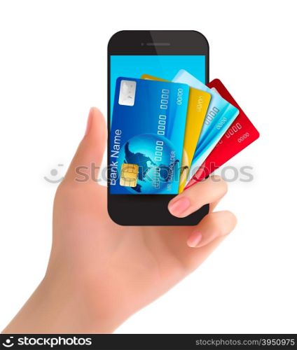 Credit cards in a phone. Internet banking concept. Vector