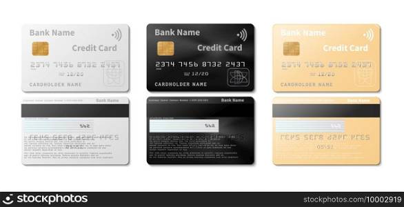Credit cards. Realistic pay cards vector mockup. Isolated business or corporate design. Illustration plastic card for paying and banking transfer money. Credit cards. Realistic pay cards vector mockup. Isolated business or corporate design