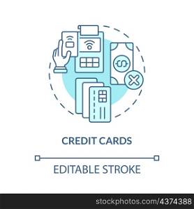 Credit cards turquoise concept icon. E wallets and payment online. System abstract idea thin line illustration. Isolated outline drawing. Editable stroke. Roboto-Medium, Myriad Pro-Bold fonts used. Credit cards turquoise concept icon