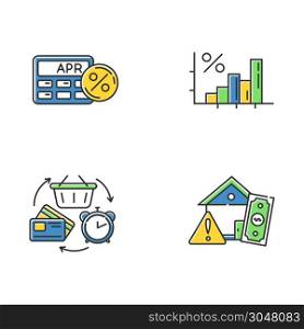 Credit color icons set. Annual percentage rate calculator. Income increase, budget growth infographoc. Trading, retail. Revolving credit. House mortrage risk. Isolated vector illustrations