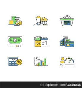Credit color icons set. Small business loan. Annual percentage rate calculator. Income increase infographic. Investment diagram. Credit bureau. Borrow money. Isolated vector illustrations