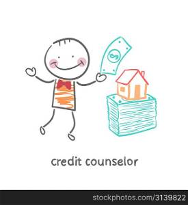 credit counselor near a bundle of money and the house