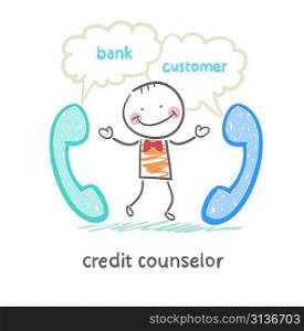 credit counselor talking on the phone with the bank and the customer