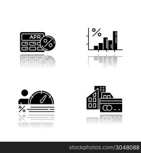 Credit drop shadow black glyph icons set. Annual percentage rate calculator. Income increase, budget growth infographoc. Small business investment. House mortrage. Isolated vector illustrations