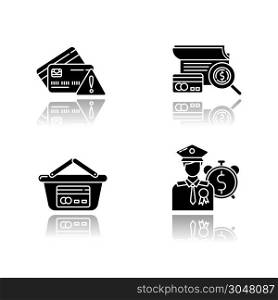Credit drop shadow black glyph icons set. Retail, consumerism. Loans for veterans, military man. Risk of borrowing money with percent rate. Supermarket basket. Isolated vector illustrations