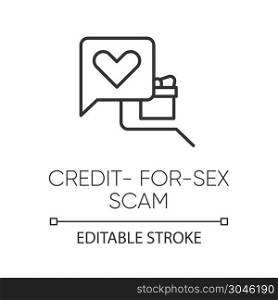 Credit-for-sex scam linear icon. Sexual favours. Dating, hookup fraud. Internet love scam. Cyber extortion. Thin line illustration. Contour symbol. Vector isolated outline drawing. Editable stroke