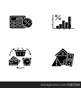 Credit glyph icons set. Annual percentage rate calculator. Income increase, budget infographoc. Trading, retail. Revolving credit. House mortrage risk. Silhouette symbols. Vector isolated illustration