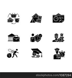 Credit glyph icons set. Borrowing from retirement. Student loan debt. Paying for university education. Revolving credit. Heavy credit card risk. Silhouette symbols. Vector isolated illustration