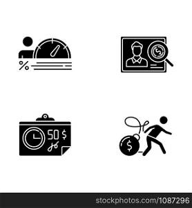 Credit glyph icons set. Personal creditworthiness report. Bunkrapcy risk. Credit score. Paycheck, bill, tax sheet with price. Heavy credit card debt. Silhouette symbols. Vector isolated illustration