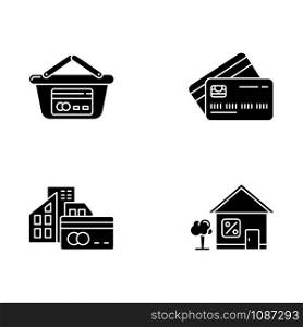 Credit glyph icons set. Retail, consumerism. Paying with credit card. Small business investment. Loan money with percent rate. Supermarket basket. Silhouette symbols. Vector isolated illustration