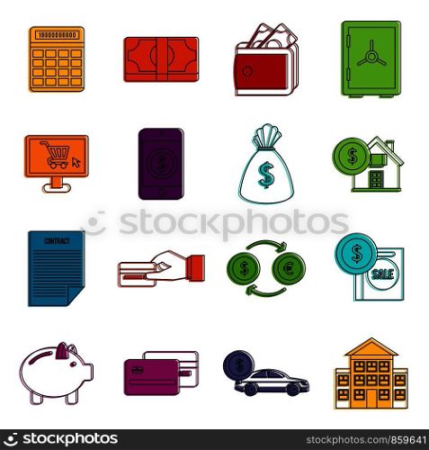 Credit icons set. Doodle illustration of vector icons isolated on white background for any web design. Credit icons doodle set