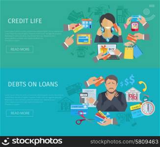 Credit Life Banner. Credit life horizontal banner set with debts on loans flat elements isolated vector illustration