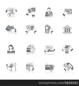 Credit life black icon set with money payment and finance symbols isolated vector illustration. Credit Life Icon Set