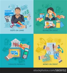 Credit life design concept set with debts on loans cashless payments flat icons isolated vector illustration. Credit Life Flat