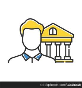 Credit manager color icon. Professional businessman. Customer service male worker. Economy, finance industry. Bank building. Opening a credit account, make investment. Isolated vector illustration