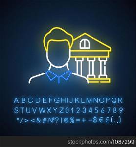 Credit manager neon light icon. Professional businessman. Customer service. Economy, finance industry. Bank building. Glowing sign with alphabet, numbers and symbols. Vector isolated illustration
