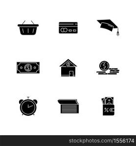 Credit money black glyph icons set on white space. Online shopping. Student scholarship. Credit to buy house. Monetary gain. Financial benefit. Silhouette symbols. Vector isolated illustration. Credit money black glyph icons set on white space