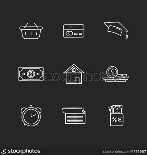 Credit money chalk white icons set on black background. Online shopping. Student scholarship. Credit to buy house. Monetary gain. Gold coin. Financial benefit. Isolated vector chalkboard illustrations. Credit money chalk white icons set on black background