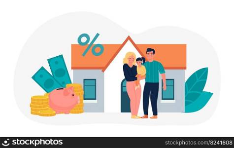 Credit money concept, loan and mortgage, happy family. Vector of business finance and purchase use banking investment, residential calculate illustration. Credit money concept, loan and mortgage, happy family
