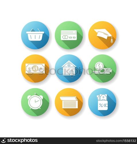 Credit money flat design long shadow glyph icons set. Online shopping. Student scholarship. Monetary gain. Cash for purchase. Gold coin. Financial benefit. Silhouette RGB color illustration. Credit money flat design long shadow glyph icons set