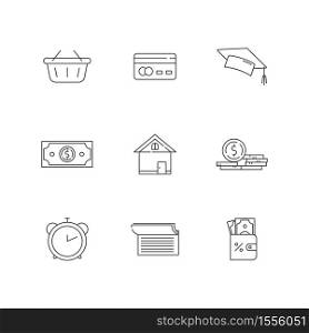 Credit money linear icons set. Online shopping. Student scholarship. Financial benefit. Customizable thin line contour symbols. Isolated vector outline illustrations. Editable stroke. Credit money linear icons set