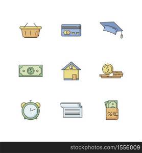 Credit money RGB color icons set. Online shopping. Student scholarship. Credit to buy house. Monetary gain. Cash for purchase. Gold coin. Financial benefit. Isolated vector illustrations. Credit money RGB color icons set