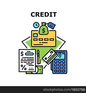 Credit Money Vector Icon Concept. Credit Money Bank Agreement And Plastic Card With Contactless Pay Pass Technology For Payment Pos Terminal. Financial Accounting And Wealth Color Illustration. Credit Money Vector Concept Color Illustration