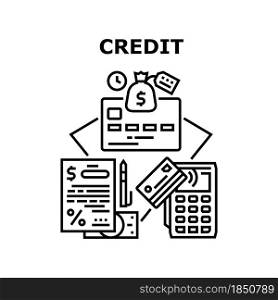 Credit Money Vector Icon Concept. Credit Money Bank Agreement And Plastic Card With Contactless Pay Pass Technology For Payment Pos Terminal. Financial Accounting And Wealth Black Illustration. Credit Money Vector Concept Black Illustration