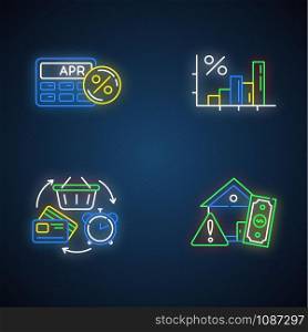 Credit neon light icons set. Annual percentage rate calculator. Income increase, budget infographoc. Trading. Revolving credit. House mortrage risk. Glowing signs. Vector isolated illustrations