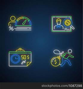 Credit neon light icons set. Personal creditworthiness report. Bunkrapcy risk. Credit score. Paycheck, bill, tax sheet with price. Heavy credit card debt. Glowing signs. Vector isolated illustrations