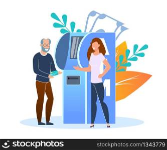 Credit or Debit Card Replenishment Terminal Flat. An Older Man Replenishes Credit Card at Bank Terminal. People are Standing Near Atm. Young Woman Helps an Older Man to Use Bank Equipment.