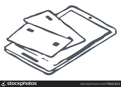 Credit or debit cards of bank lying electronic device. Plastic money and tablet isolated on white. Outline commerce picture. Sketch drawing of gadget and card. Vector illustration in minimalism. Tablet and Bank Credit Cards, Outline Picture