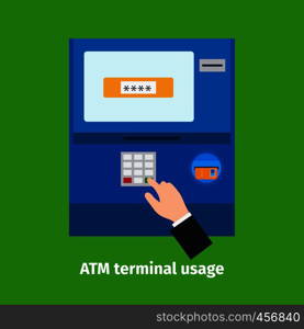 Credit plastic card usage. ATM terminal vector illustration. Credit plastic card usage