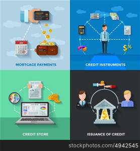 Credit Rating 2x2 Design Concept. Credit rating 2x2 design concept set of mortgage payments credit score issuance of credit compositions flat vector illustration