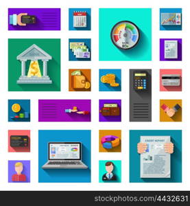 Credit Rating Flat Shadow Icons. Credit rating flat shadow icons in isolated colorful squares with pocketbook credit card currency bank employees credit score diagrams flat vector illustration
