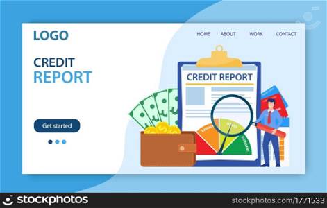 Credit report document concept landing page website . Money , Credit card, lending, infographic, with people, Credit rating agency concept. Vector illustration in flat style. Credit report document concept.