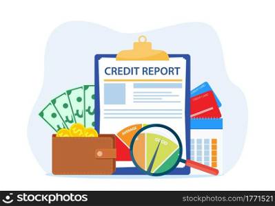 Credit report document concept. Money , Credit card, lending, infographic, Personal credit score information for presentation, web page. Vector illustration in flat style. Credit report document concept.