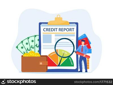 Credit report document concept. Money , Credit card, lending, infographic, with people, Credit rating agency concept. Vector illustration in flat style. Credit report document concept.