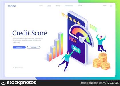 Credit score banner. Mobile application with rating scale from poor to good rate. Vector landing page with cartoon illustration with people, loan meter on smartphone screen, graph and money. Credit score mobile application with rating scale