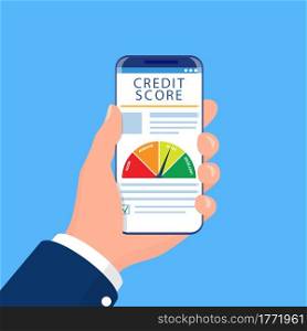 Credit score business report on smartphone screen. Financial information about the client. Credit financial indicator rating. isolated on white background. Vector illustration in flat style. Smartphones with credit score app on the screen