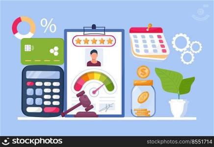 Credit score concept vector. Bank managers examine the client credit history from bad to good. Payment history measurement tool. Credit card, indicator, money are shown.. Credit score concept vector. Bank managers examine the client credit history from bad to good. Payment history measurement tool.